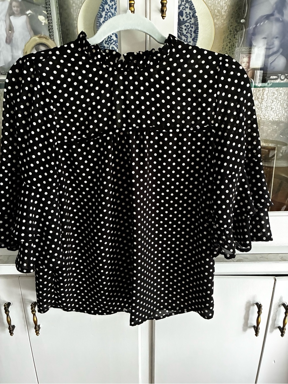 Monteau Black Polka Dot Blouse with Ruffle Neck and Flutter Sleeves Small
